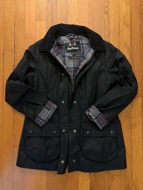 Black Barbour Beadnell Waxed Jacket and Hood, Women’s US 8